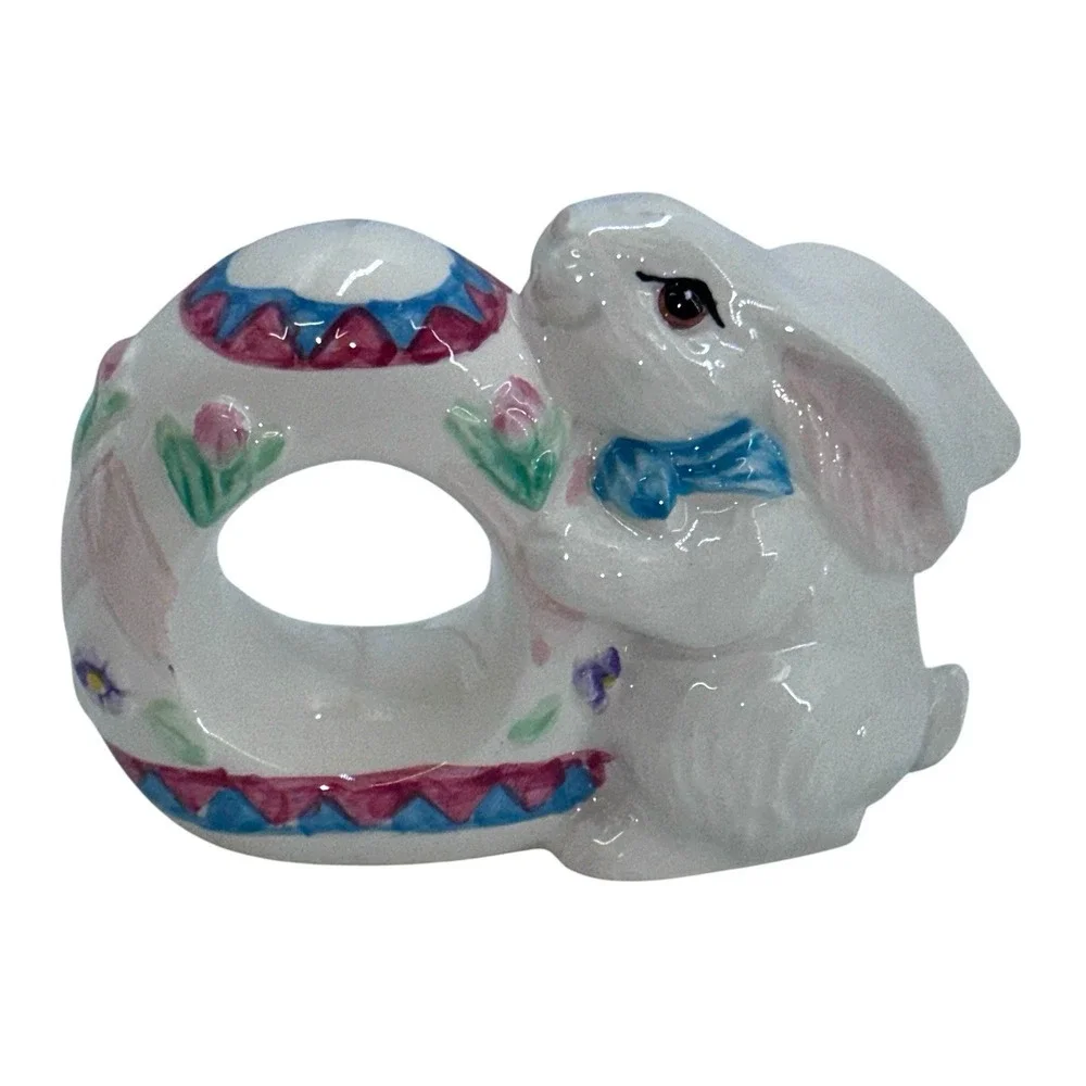 Vintage Ceramic Napkin Rings Bunny Rabbit‎ Figurine Set Of 4 White
